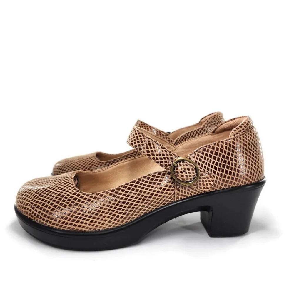 Alegria Harper Burnished Tan & Brown Textured Snake Print Mary-Jane Clog Loafers